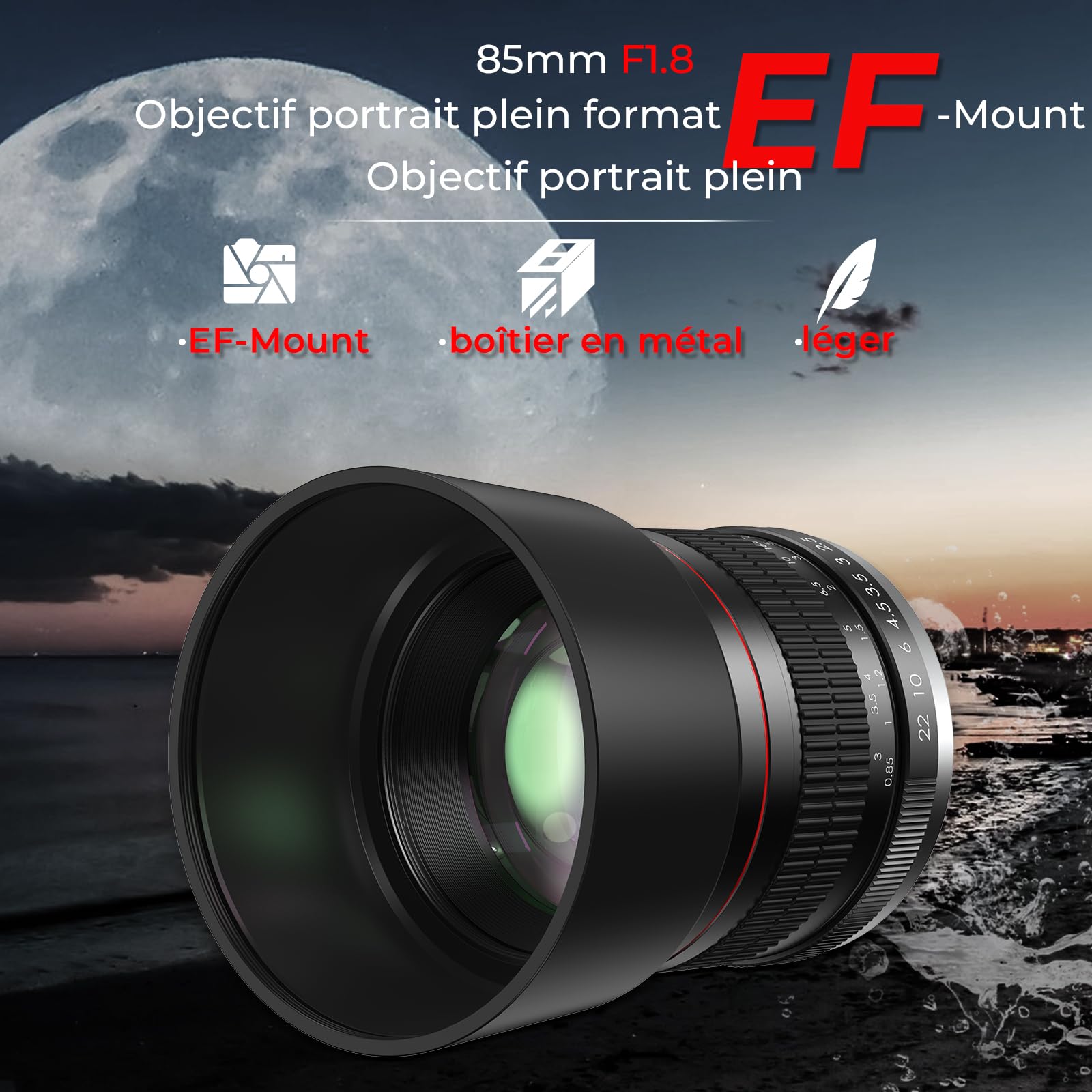 Lightdow EF Objectif 85mm F1.8 Manuel, Plein Format, Compatible Canon EF EF-S, Idéal pour Portrait, Mise au Point Manuelle, Corps en Métal pour Canon EOS 90D 7D 6D 5D Mark II/III/IV, Rebel T7 et Plus
