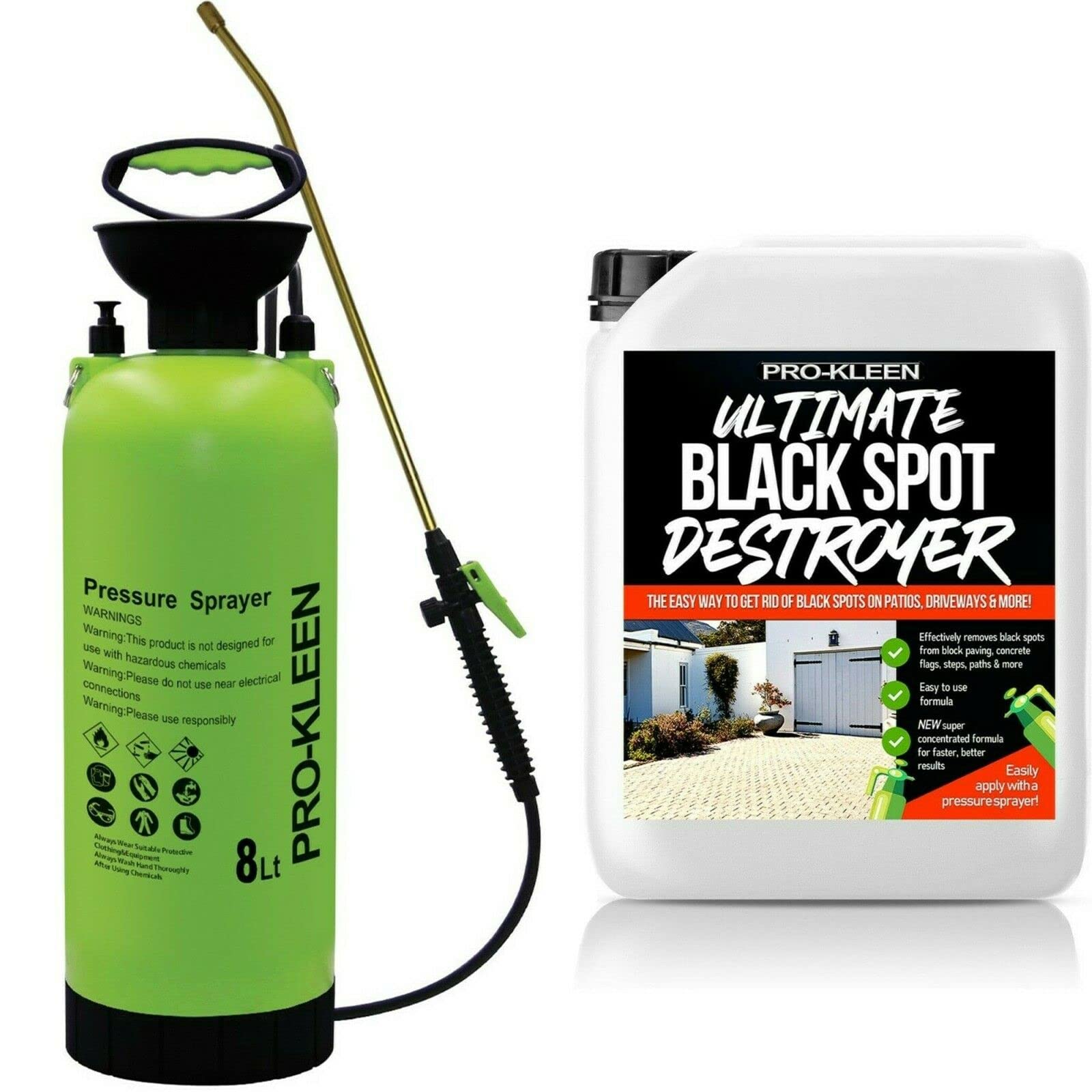 Pro-Kleen Patio Cleaner Garden Pressure Pump 8L Sprayer Manual Action - Brass Lance - 2 x Spare SealS & Black Spot Destroyer 5L - Weed Killer, Pesticides, Herbicides, Insecticides, Fungicides