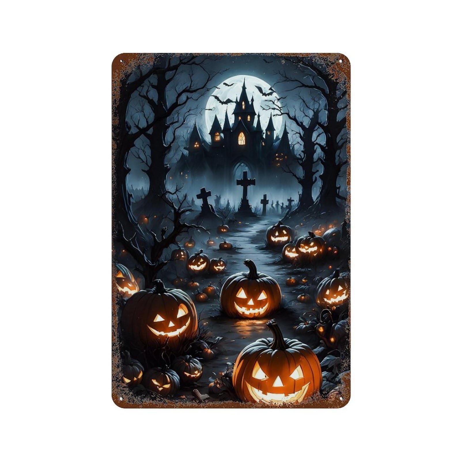 Halloween Spooky Night Scene Rust Effect Tin Sign 11.8"x7.9", Novelty Wall Decor for Garage, Pub Or Kitchen