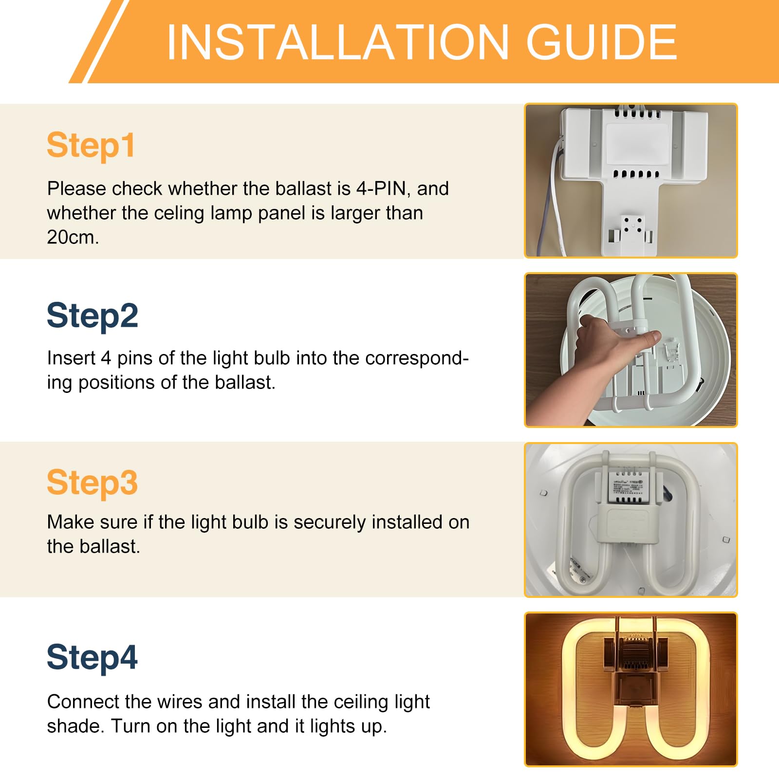 B4U 2 Pack GR10q 4 Pin 28W(Large Size 20 * 20cm) Compact Fluorescent Lamp, 2D Bathroom Light Bulb, CFL Low Energy Light Bulb - Image 3