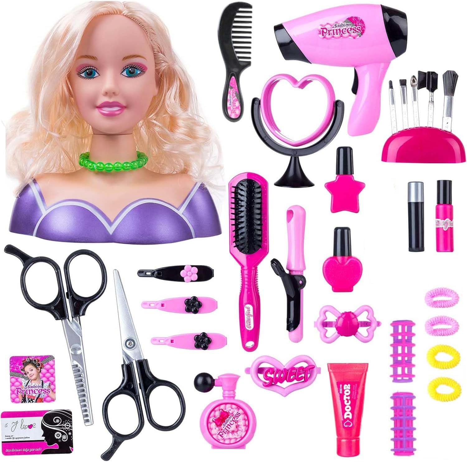 Kids Doll Head for Hair Styling and Make Up for Little Girls,Head Styling with Hair Makeup Practice, Hair Styling Makeup Toys for Kids with Hair Dryer, Accessories (Purple)
