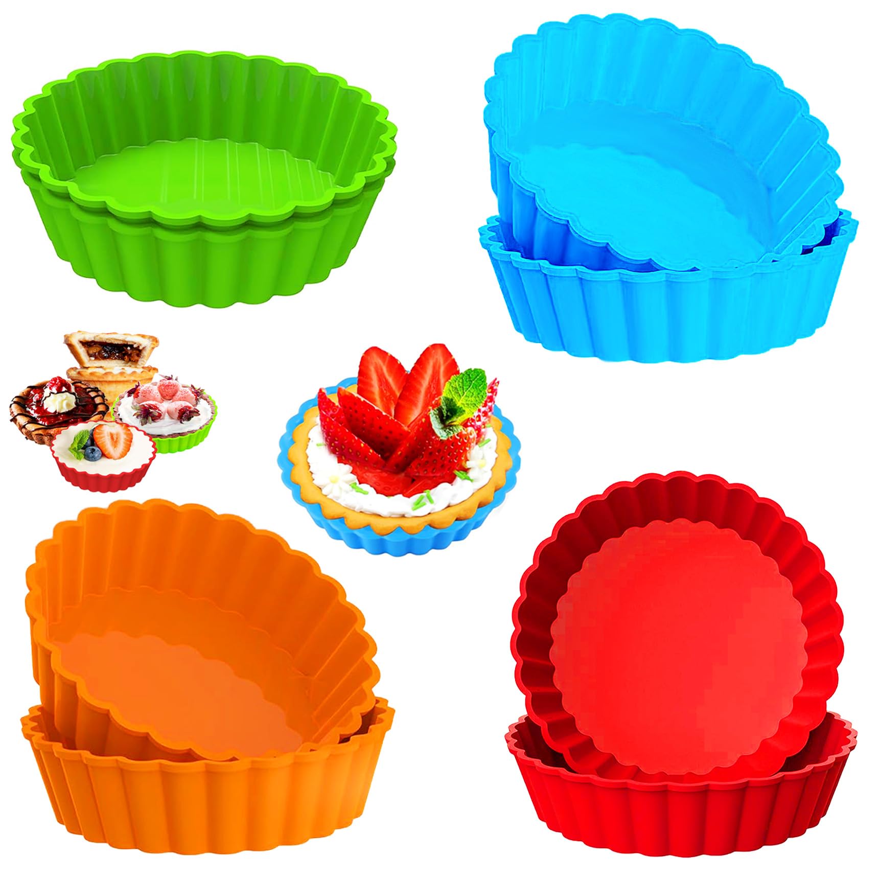 8 sztuk silikonowych foremek do tarty, 10 cm, nieprzywierające, do quiche, wielokrotnego użytku, małe do produkcji babeczek, muffinek, chleba