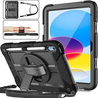 iPad 10th Generation Case 10.9 Inch 2022, Durable Lightweight Shockproof Protective Cover with [Pencil Holder][360 Rotating Stand][Shoulder Strap] for iPad 10th Gen 2022 - Black