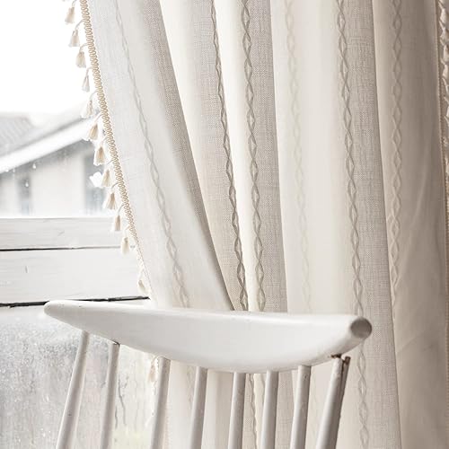 Miniatura 99 de Deeprove Cenefa Bohemia Blanca con Borlas para Decoración de Cocina y Cafetería, Cortinas Cortas de Algodón y Lino Crema Estilo Bohemio Rústico,