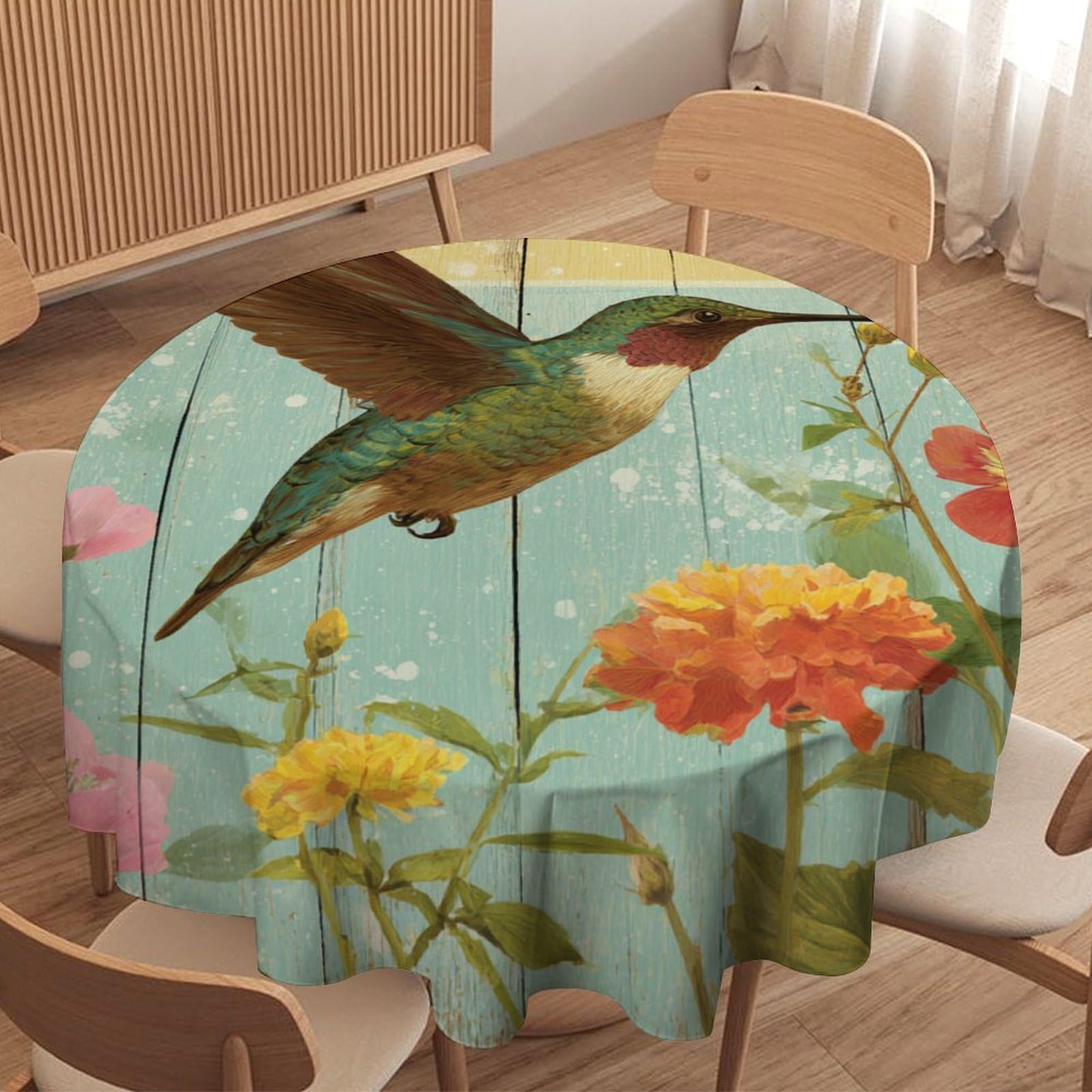 LUYYSKY Classic Rustic Birds Hummingbird Round Tablecloth Retro Oil Painting Wooden Board Animals Hummingbirds Flowers Washable Decor for Table Cover for Kitchen-127 Wx127 L cm