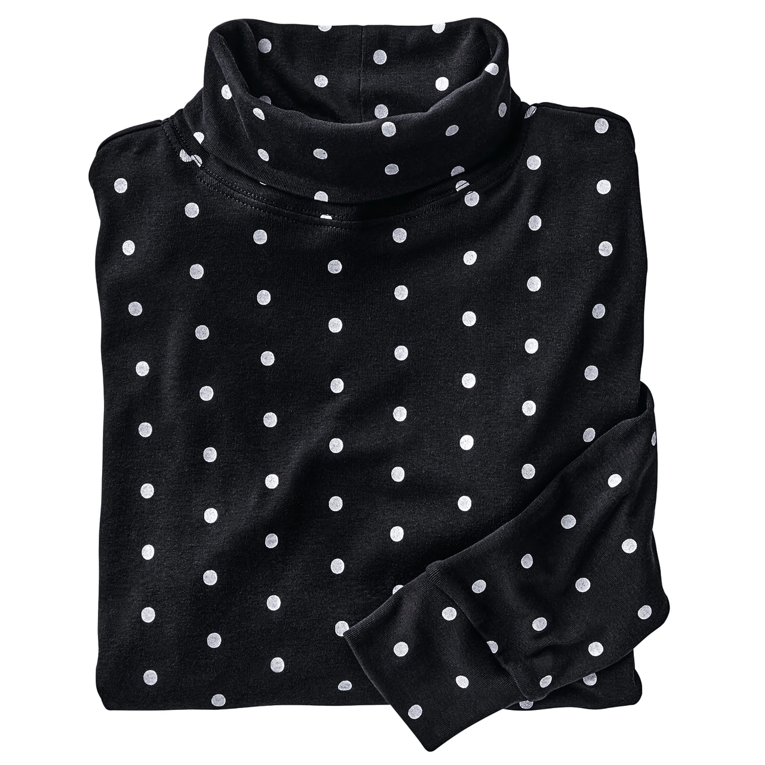 AmeriMark Printed Turtleneck Top- Women's Long Sleeve Cotton/Polyester Knit Pullover Shirt, Black Polka Dot, XL