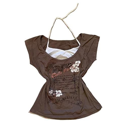 Emo Grunge Shirts Women 2000s Graphic Baby Tees Fake Two Piece Short Sleeve Vintage Y2k Crop Top Goth Alt Clothes