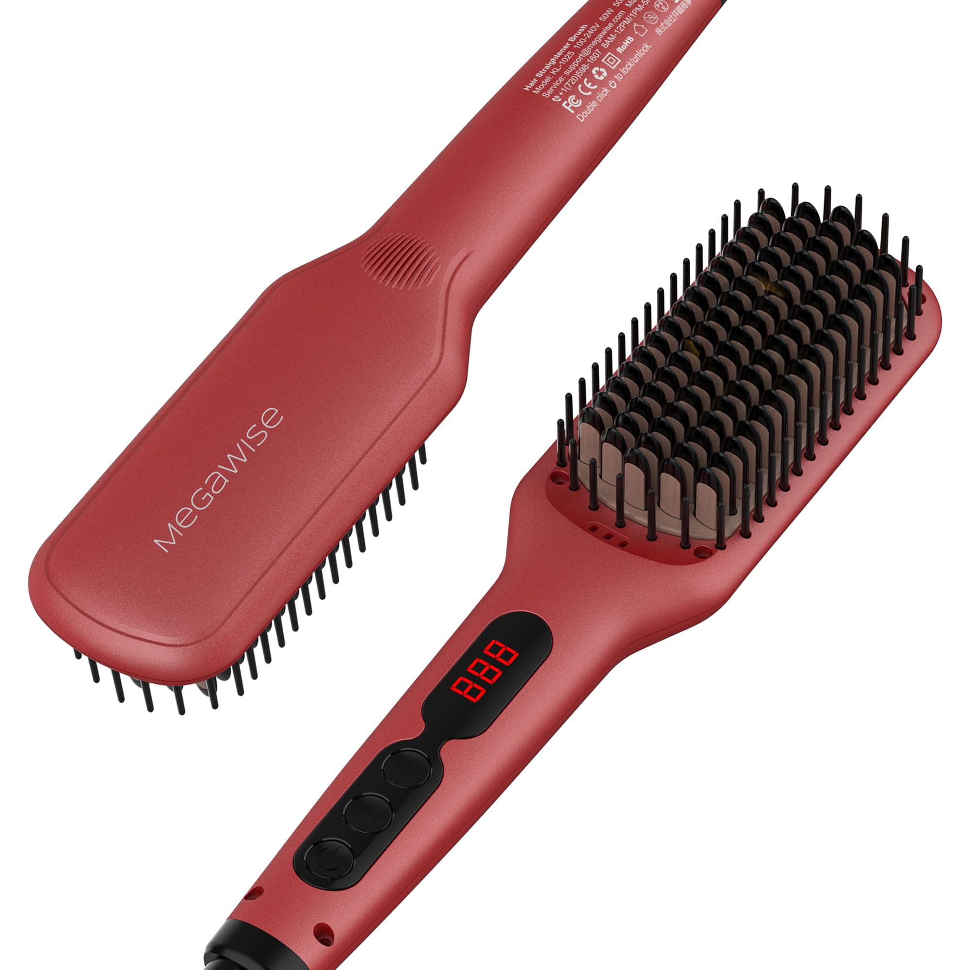 Updated 2025 MEGAWISE Pro Ceramic Ionic Hair Straightener Brush - Fast 20s Heating, Auto-Off, Anti-Scald, Dual Voltage, Rotating Power Cord - Home Salon Styling ⟮Tomato Red⟯