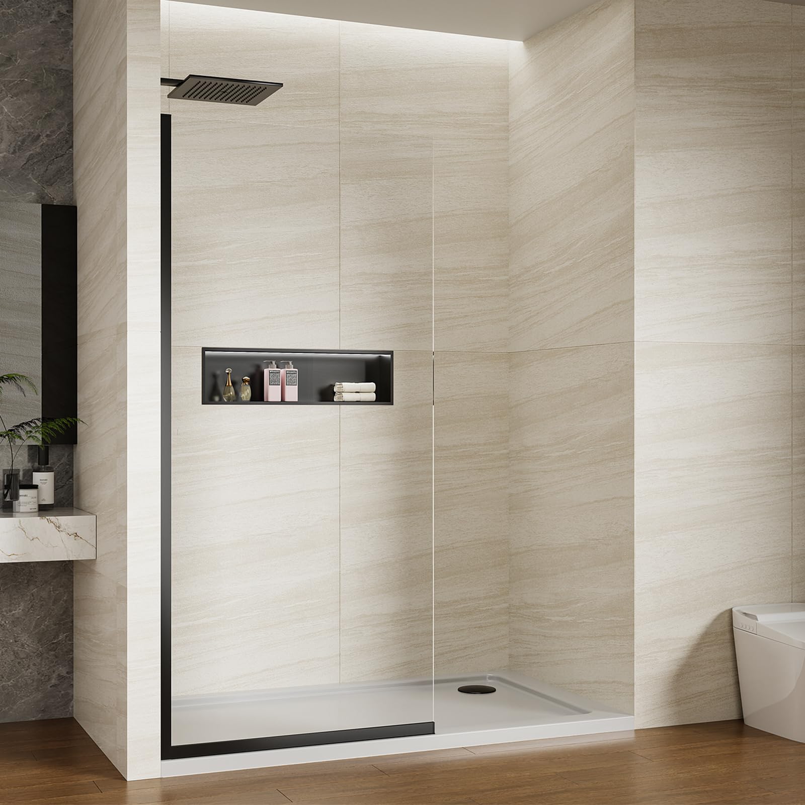 Photo 1 of Viivppai Shower Screen 36" x 76" Half Frameless Shower Wall Panel, Tempered Glass 3/8 inch, Easy to clean Coating, Fixed Glass Shower Door with Hardware (Matte Black)