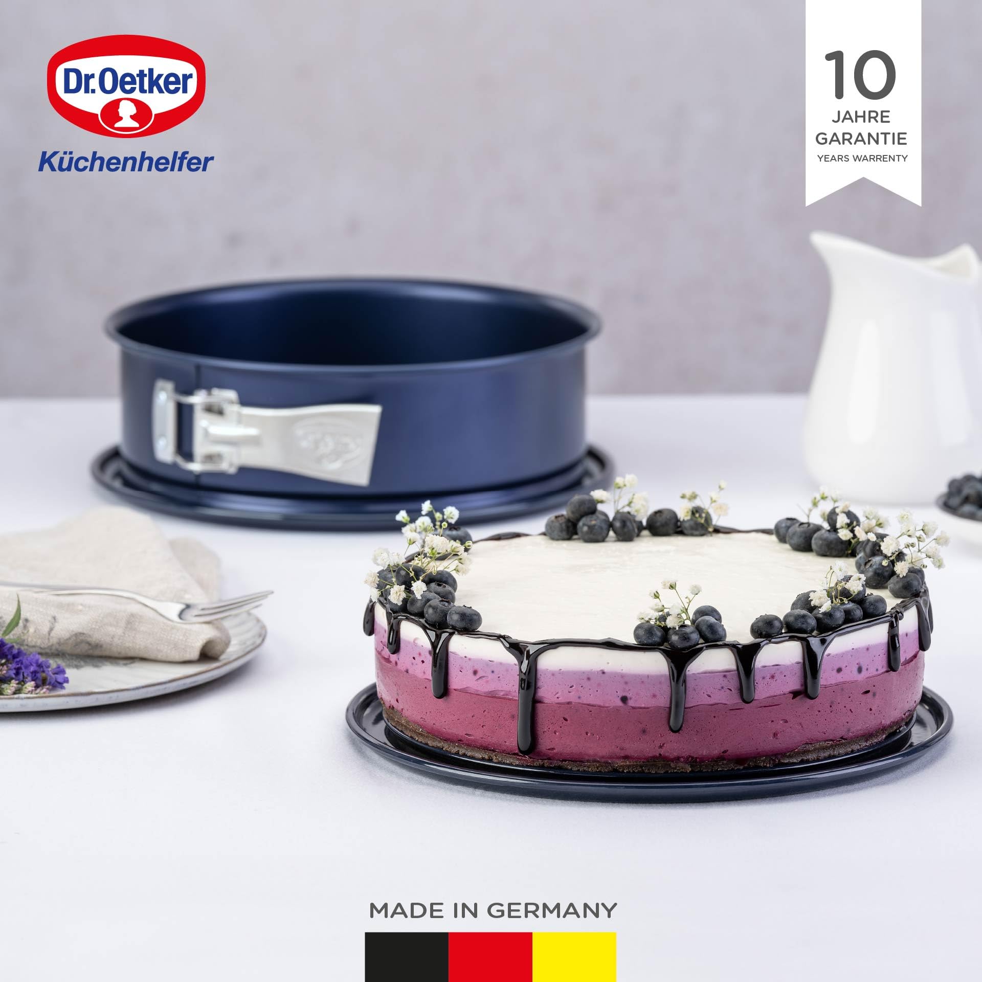 Dr. Oetker Moule à charnière - Diamètre : 24 cm - en émail - Rond - avec Fond en émail résistant aux coupures et aux Rayures - Moule à gâteau à Bord Extra Haut - Bleu foncé