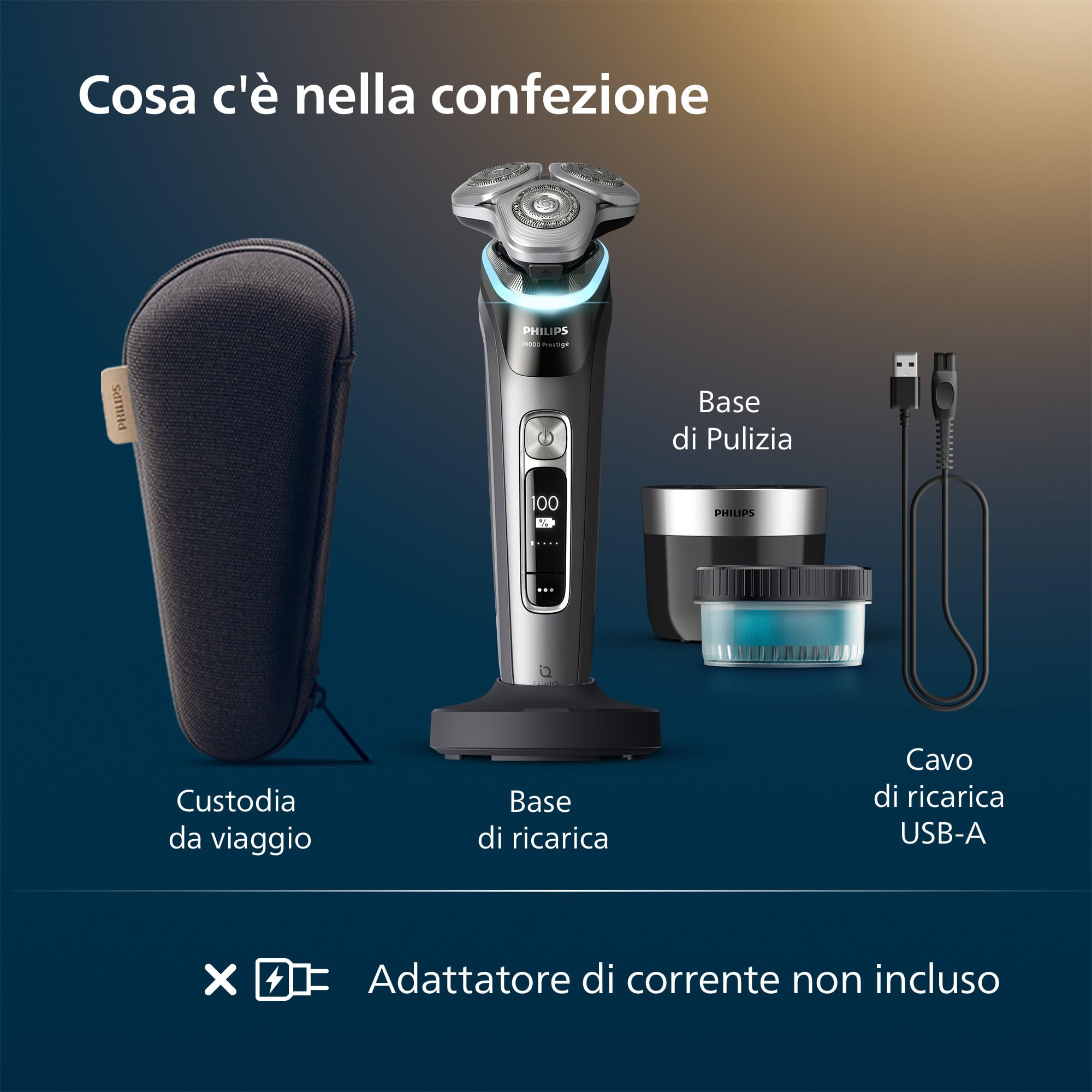 Philips Shaver i9000 Prestige, rasoio elettrico Wet & Dry, tecnologia Skin IQ, triplo sistema di sollevamento e taglio, doppie lame di precisione in acciaio 360º, pod di pulizia rapida, XP9202/30