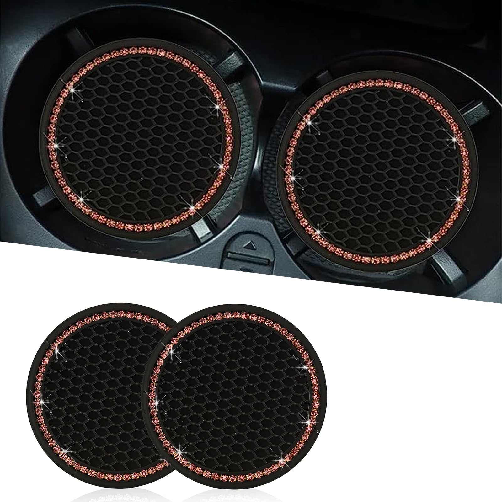 2 PCS Bling Car Coaster, 2.75" Rhinestone Inlaid Silicone Cup Holder, Honeycomb Anti-Slip Thickened Personalized Decoration, Compatible with Cars, Trucks, Vans, SUVs (Pink & Black)