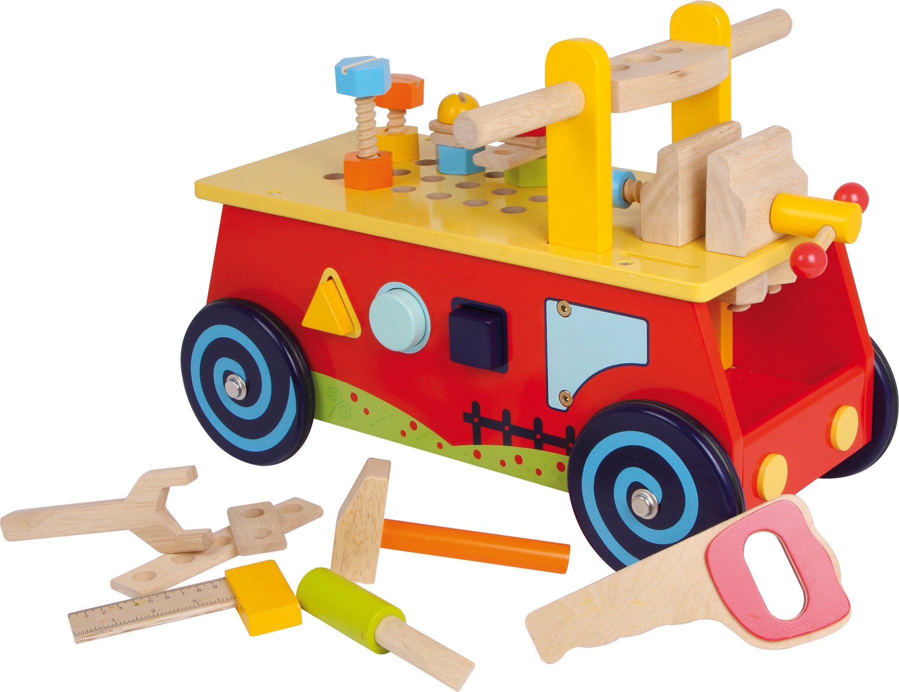 1595 Macchina primi passi «Banco da lavoro» small foot in legno, con tutti i tipi di accessori, divertimento ed apprendimento motorio, a partire da 2 anni.