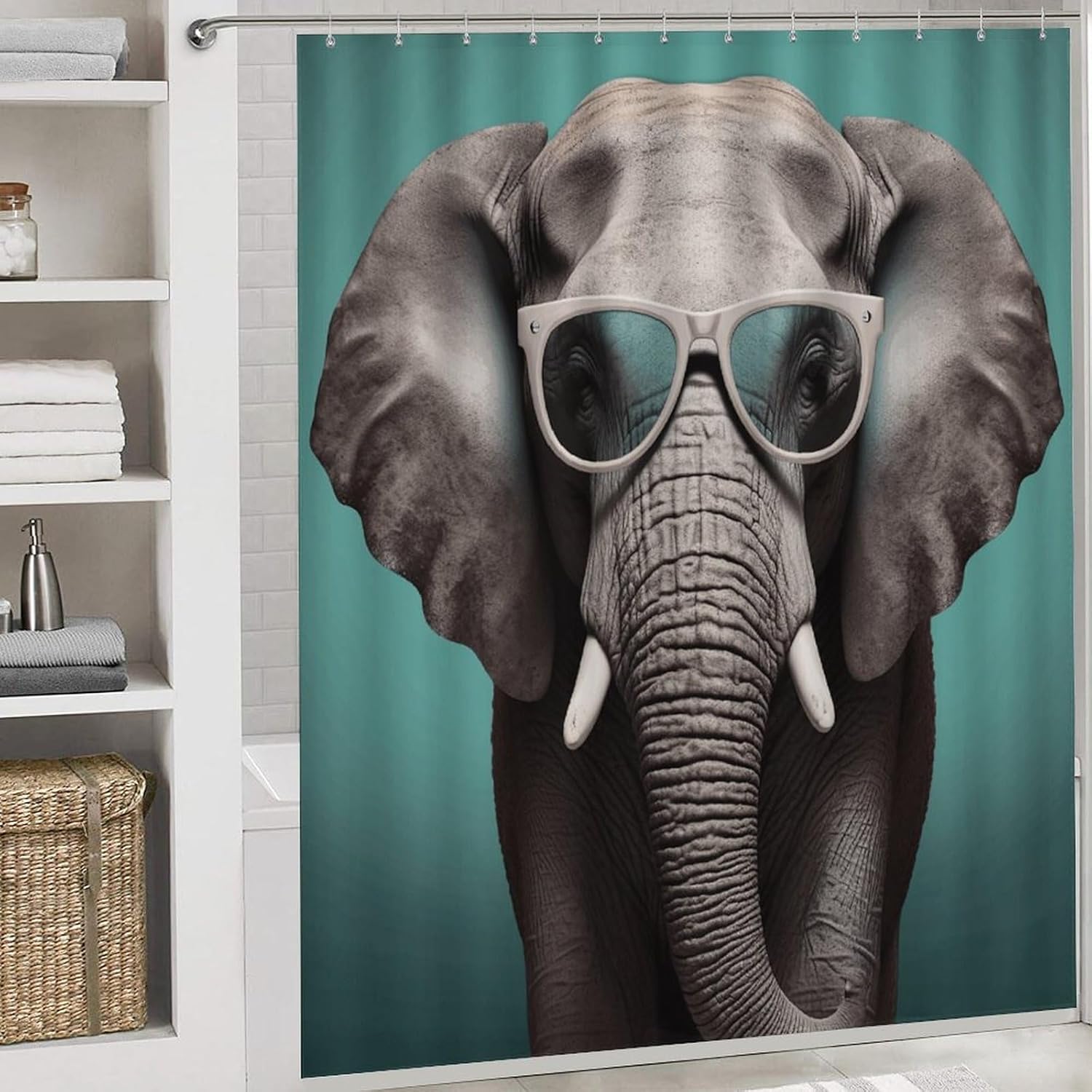 Elephant with Glasses 4Pcs Shower Curtain Set with Non-Slip Rugs, Toilet Lid Cover and Bath Mat,Bathroom Set Decor Accessories,Curtain Set with 12 Hooks, 72 X 72 Inch