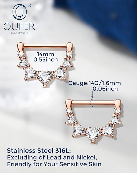 OUFER 14G 2 Pezzi Cuore Anelli per Capezzoli in Oro Rosa, Barrette per Capezzoli a Scatto in Acciaio Chirurgico 316L con Zirconia Cubica Trasparente Gioielli per Piercing in Argento da 14 mm per Donne - 5