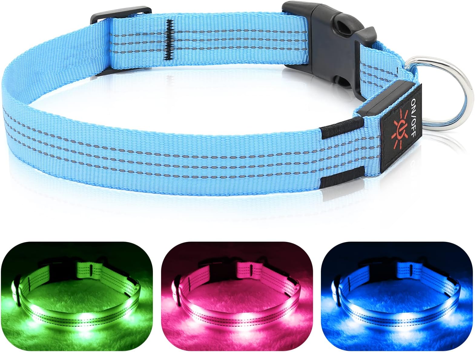 BSEENLight Up Dog Collars - Glowing LED Dog Collar, Reflective Puppy Collar, Adjustable Lighted Dog Collar, Rechargeable Pet Collar for Night Walking (Blue, Medium)