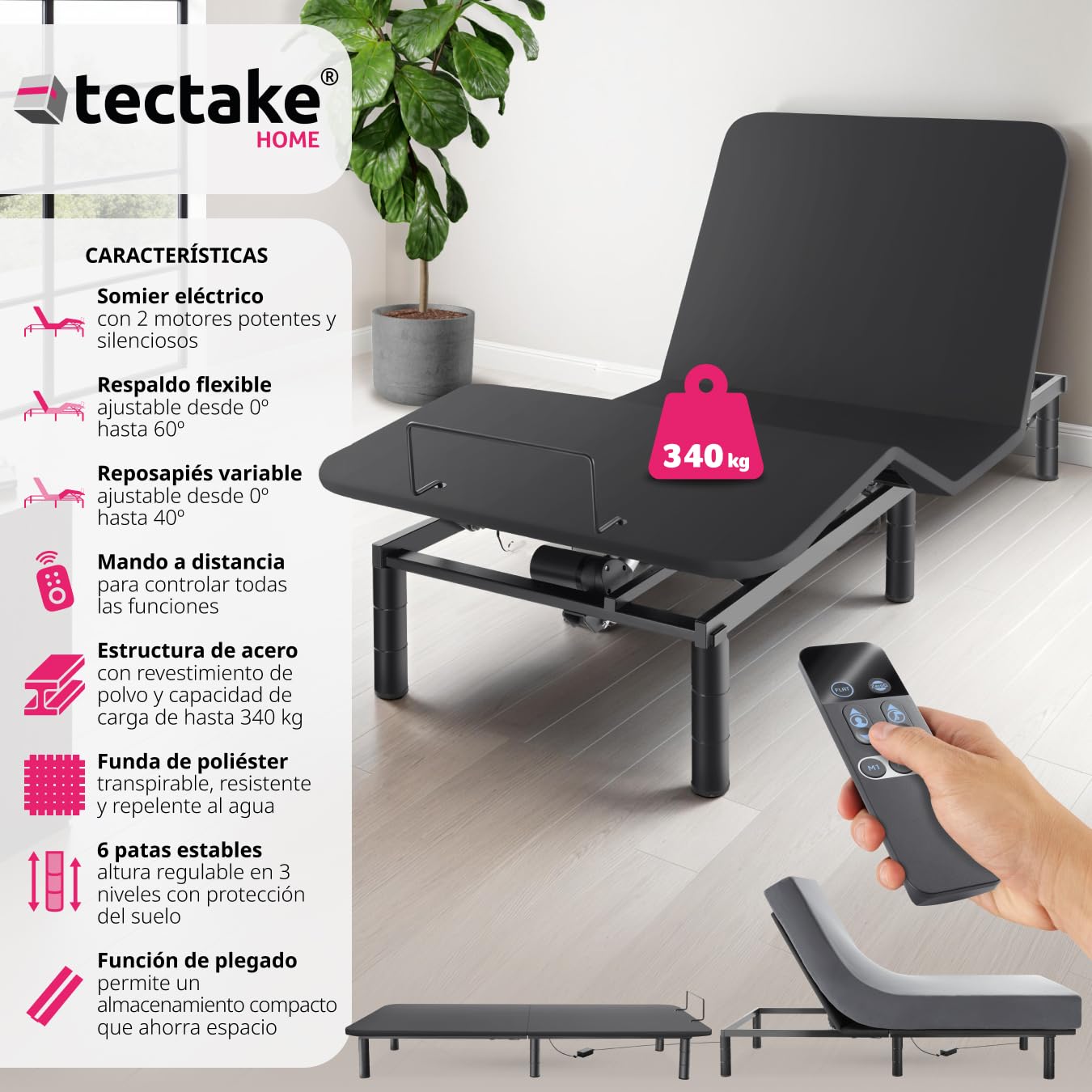 tectake® Somier de Láminas Regulable Eléctricamente Respaldo y Reposapiés, Mando a Distancia, Estructura de Acero, 6 Patas Ajustables, Apto para Colchones, Cubierta de Poliéster, Plegable, 90x200cm
