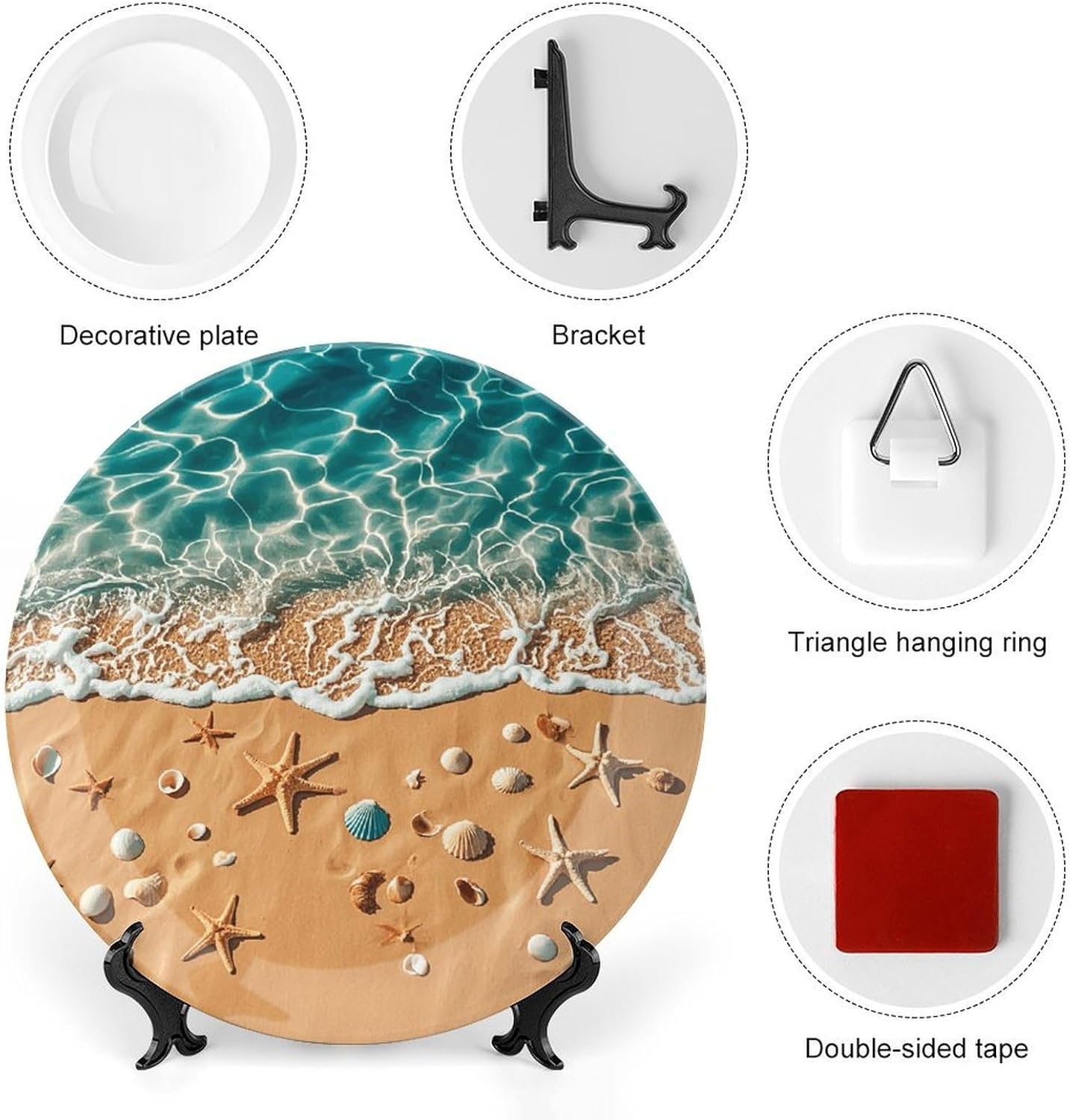 Ocean Starfish Ceramic Plate 10inch Decorative Bone China Wall Hanging Ornament Plates Bohemian Style Dinner Plate with Display Stand Cabinet Display Plates for Home Art Decor