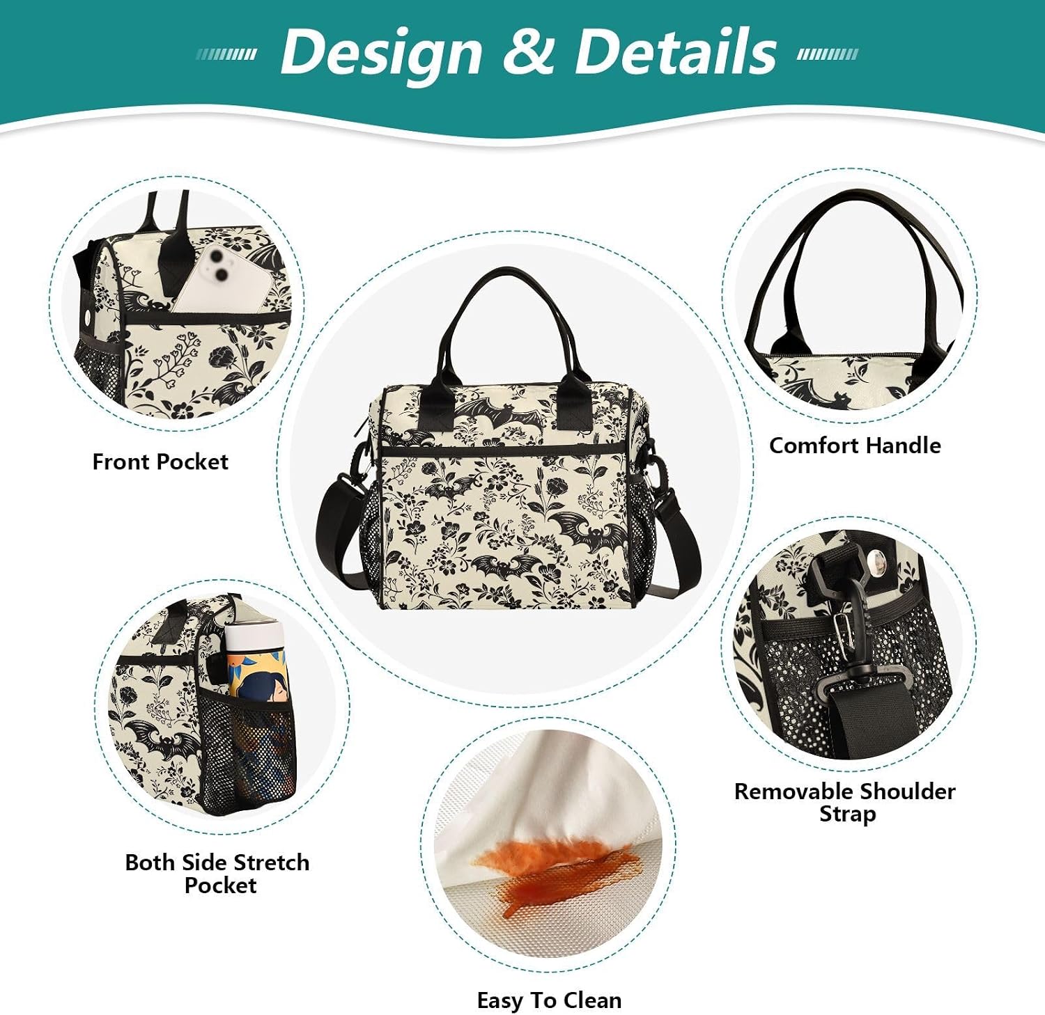 Goth Bat Pattern Lunch Bag & Lunch Box for Women with Adjustable Shoulder Belt Insulated Portable Lunch Tote Bag Cooler Bag for Girls Travel Office Picnic