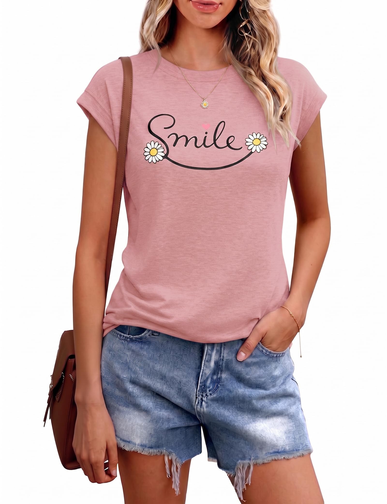 Aottori T-Shirt Damen Rundhals Kurzarm Blumenprint Locker | Smiley Grafik Oberteil, Lässiger Freizeitlook, Schriftzug Detail, Leichte Sommermode, Wochenende Reise