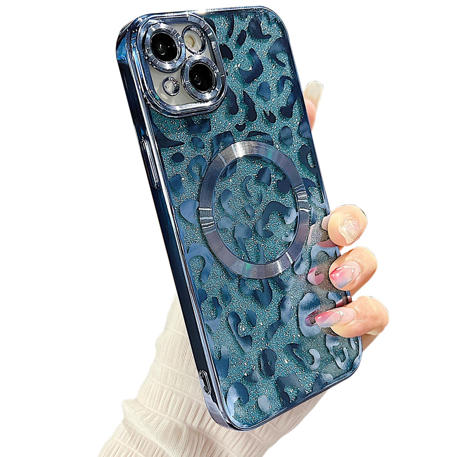 Coque magnétique iPhone 14 antichoc à paillettes léopard bleu - 7