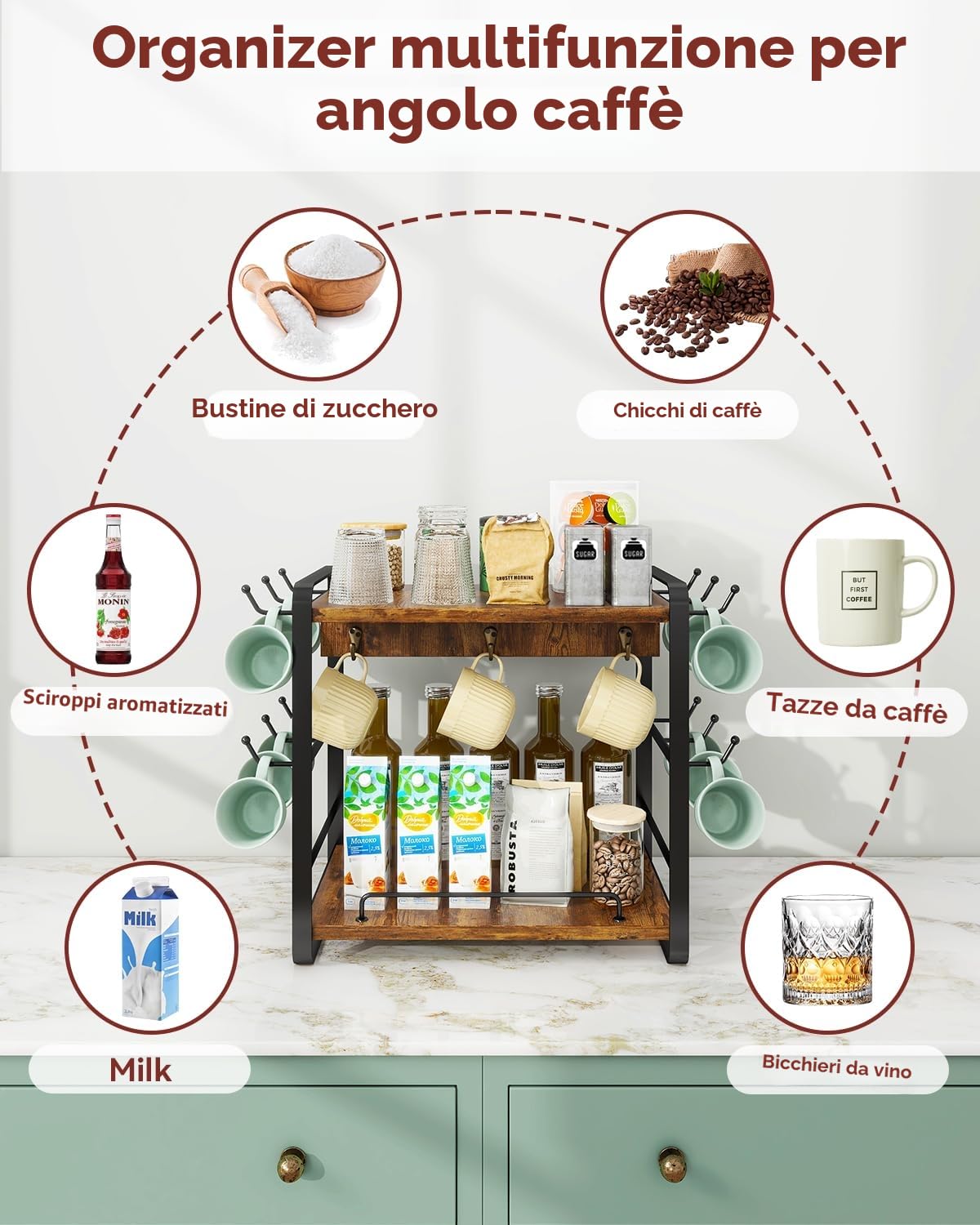 IBUYKE Organizer Caffe Portatazze da Appoggio, 2 Livelli di Supporto per Tazze da Cucina, Porta Tazzine da Caffè di Legno Con 18 Ganci,Organizer Tazze per Cucina,Ufficio,Marrone TBJ006H