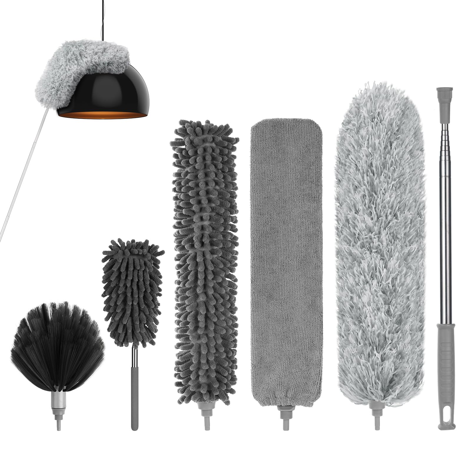Vicloon Plumero de Limpieza, Plumero telescópico de 71cm-243cm, Microfibra, Gris, Plumero con 2 en 1 Ranuras Cepillo de Limpieza, Atrapa y Bloquea el Polvo,para Ventanas Persianas Muebles Coches — view 10