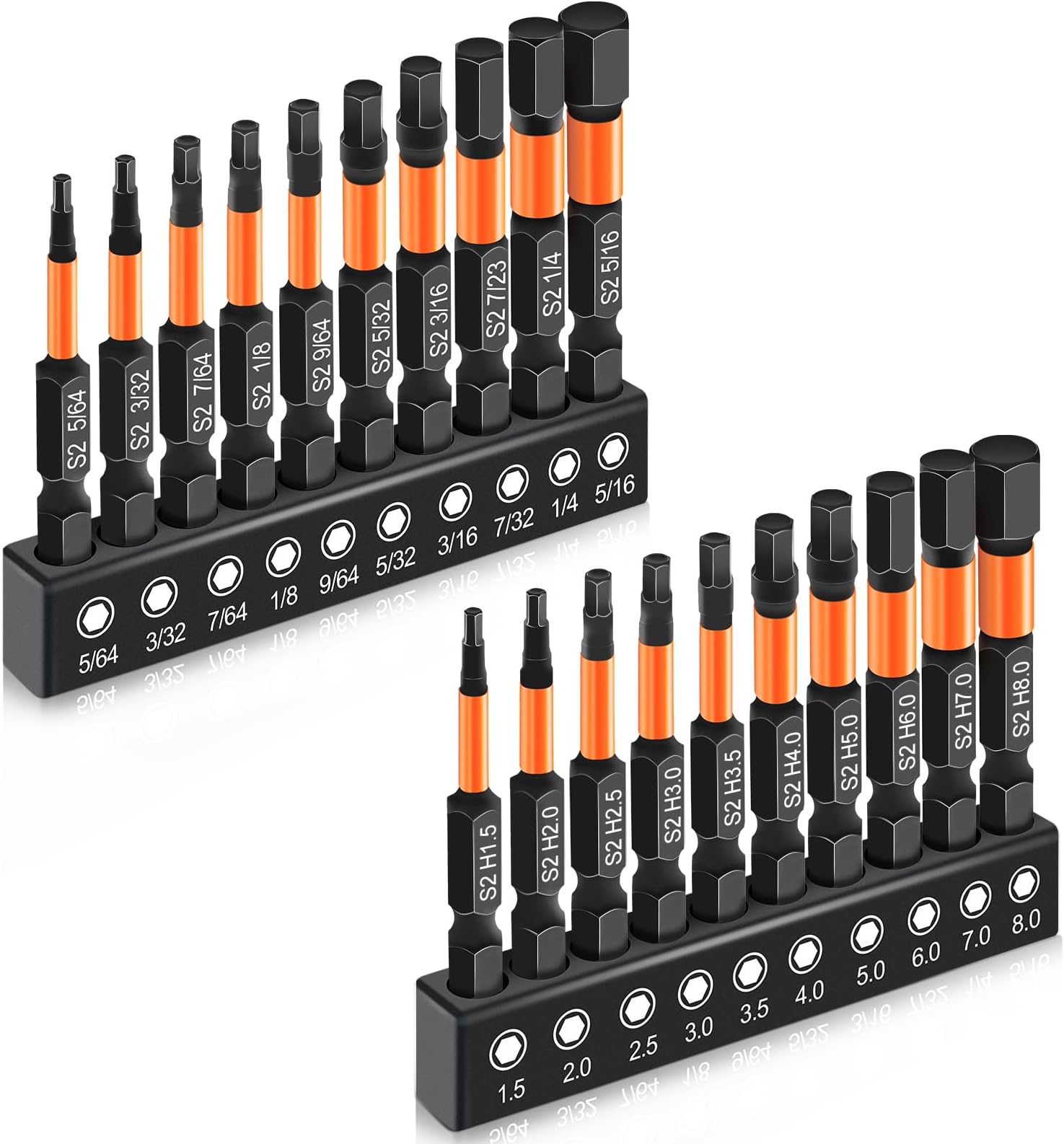20PCS Premium Hex Bit Set, Impact Allen Wrench Drill Bit Set (Metric&SAE), 1/4” Hex-Shank S2 Alloy Steel Key Drill Bit Set with Magnetism, CNC Machined Tips, 2" Long with Storage Box