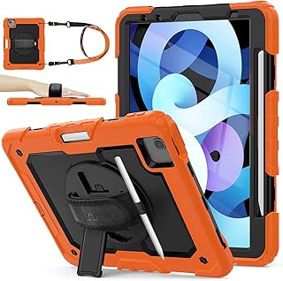 SEYMAC stock Case for iPad Air 5th Generation (2022) / iPad Air 4th Generation (2020) 10.9 Inch, Drop-Proof Case with Screen Protector, Pencil Holder [360 Rotating Hand Strap] &Stand, Orange+Black