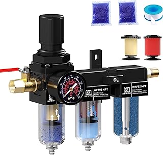 NEWPO 1/4" NPT Three Stage Air Drying System,air Pressure Regulator with 5&0.01 Micron Filter Cartridge,Desiccant Dryer & Air Compressor Dryer, Metal Bowl Semi-Auto Drain
