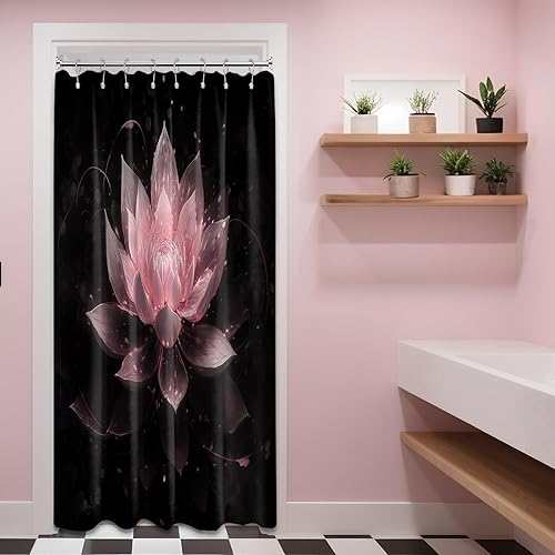 Miniatura 53 de Cortina de ducha negra y dorada con flores de loto amarillo dorado para juegos de decoración de baño, tela impermeable con ganchos, 70 x 72 pulgadas