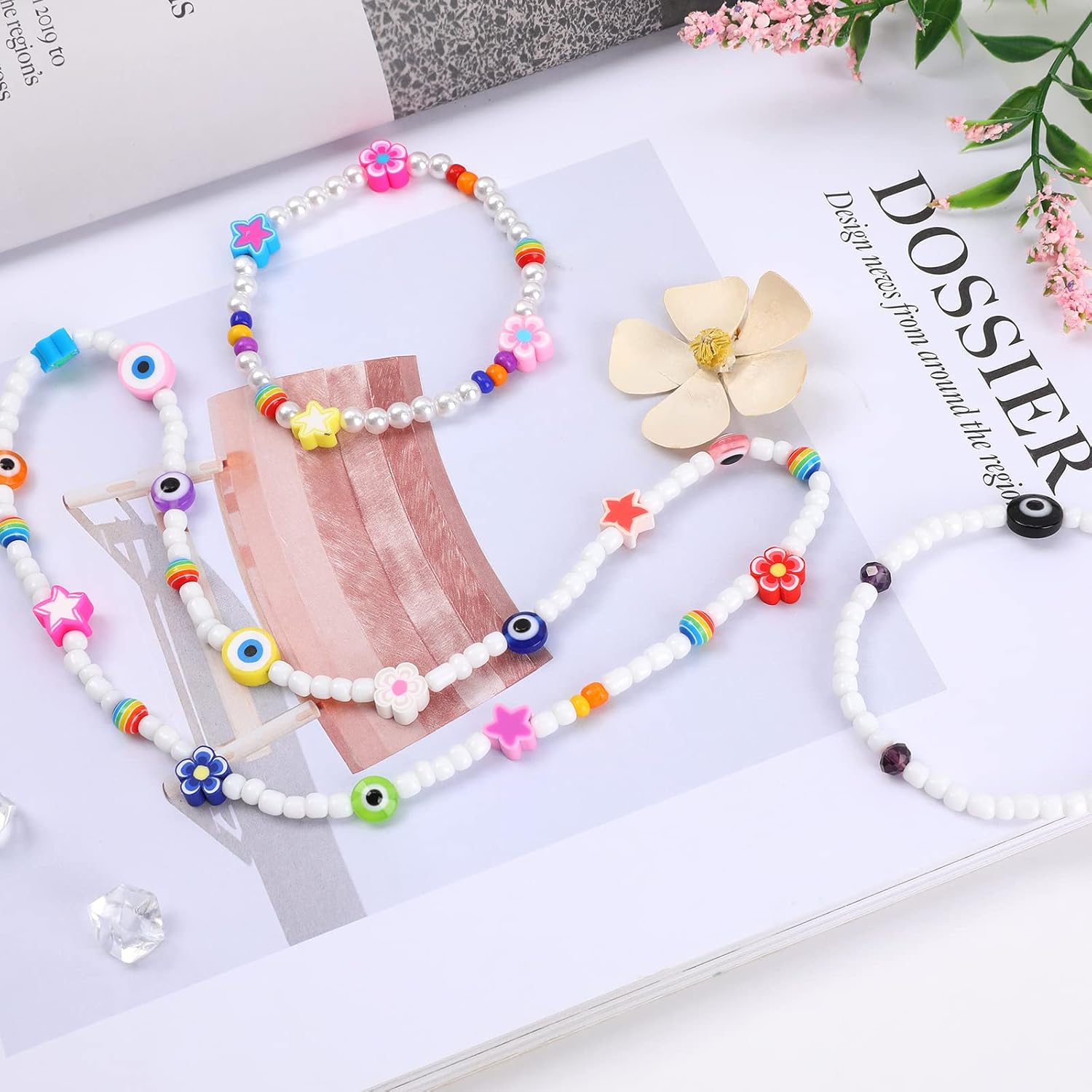 1700+PCS Evil Eye Beads for Jewelry Making, 4mm Rainbow Glass Seed Beads Clay Beads for Bracelets Making Pearl Colorful Flower Spacer Beads Kit For Women Bracelets Earring Necklace Making DIY Crafts