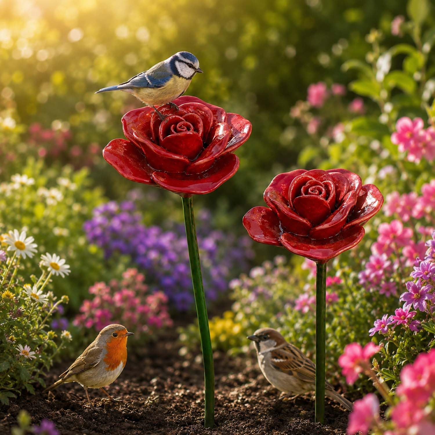 Handmade Ceramic Mini Pollinator Watering Station Colorful Flower Bee Water Feeder and Butterfly Bird Bath Small Outdoor Garden Stake Yard Art Decor Gift for Nature Lovers (2 pieces, Red)