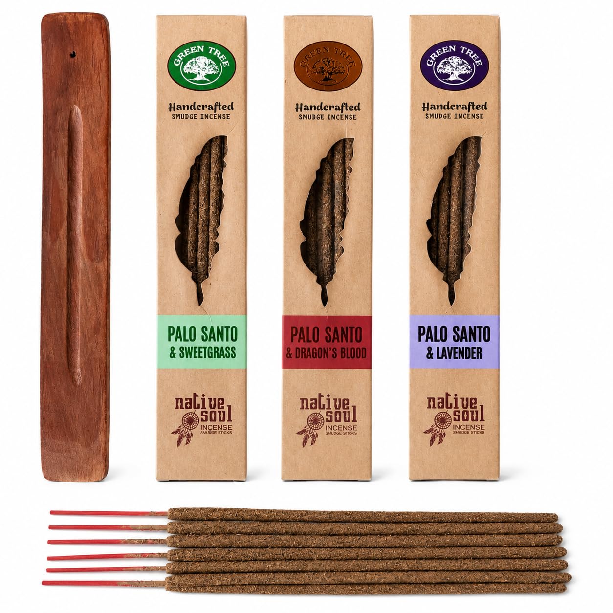 Buddha-Buddha Brown Green Tree Native Soul Palo Santo Smudge Incense Sticks, Sweetgrass, Dragon's Blood & Lavender, With Wooden Holder, 3 Pack