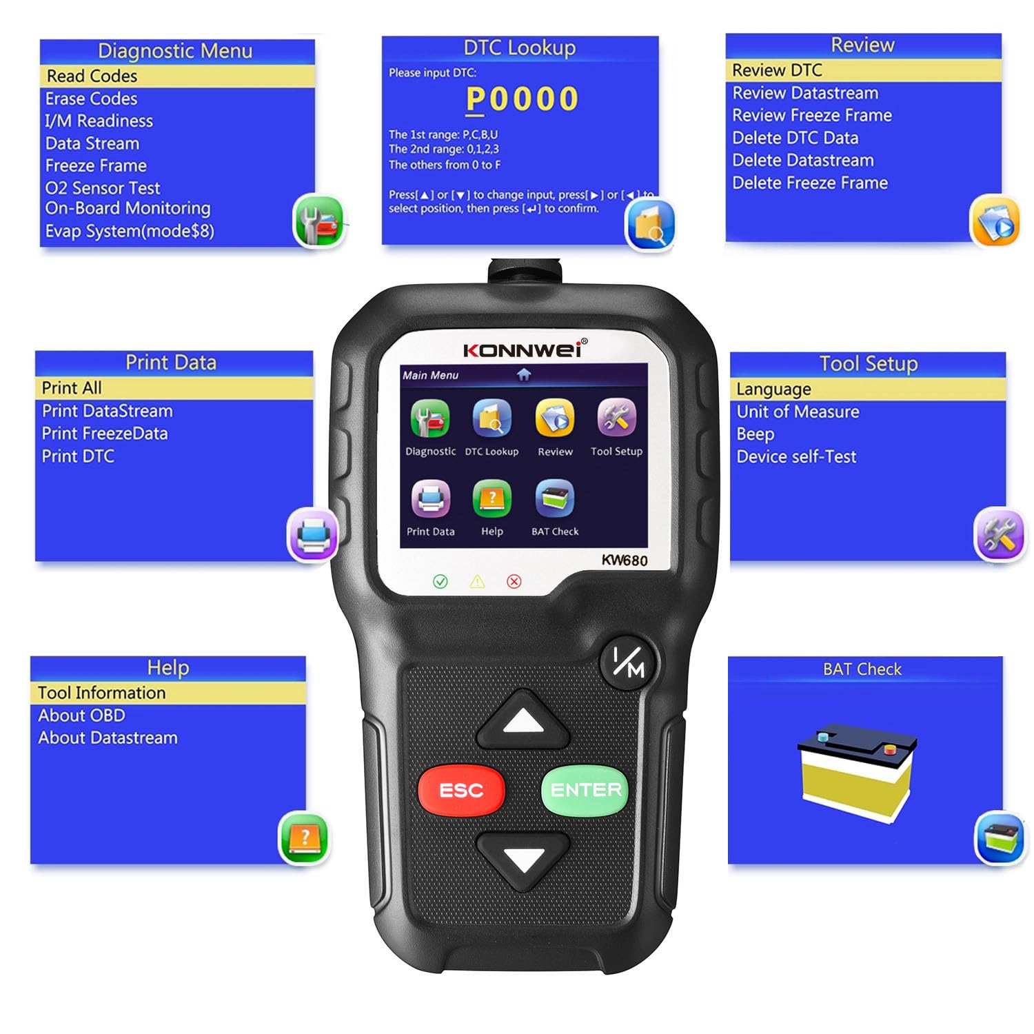 Scanner OBD2, scanner diagnostico universale OBD II CAN per auto, strumento per diagnostica del motore, lettore di codici per guasto al motore - strumento di scansione per controllo luce motore KW680