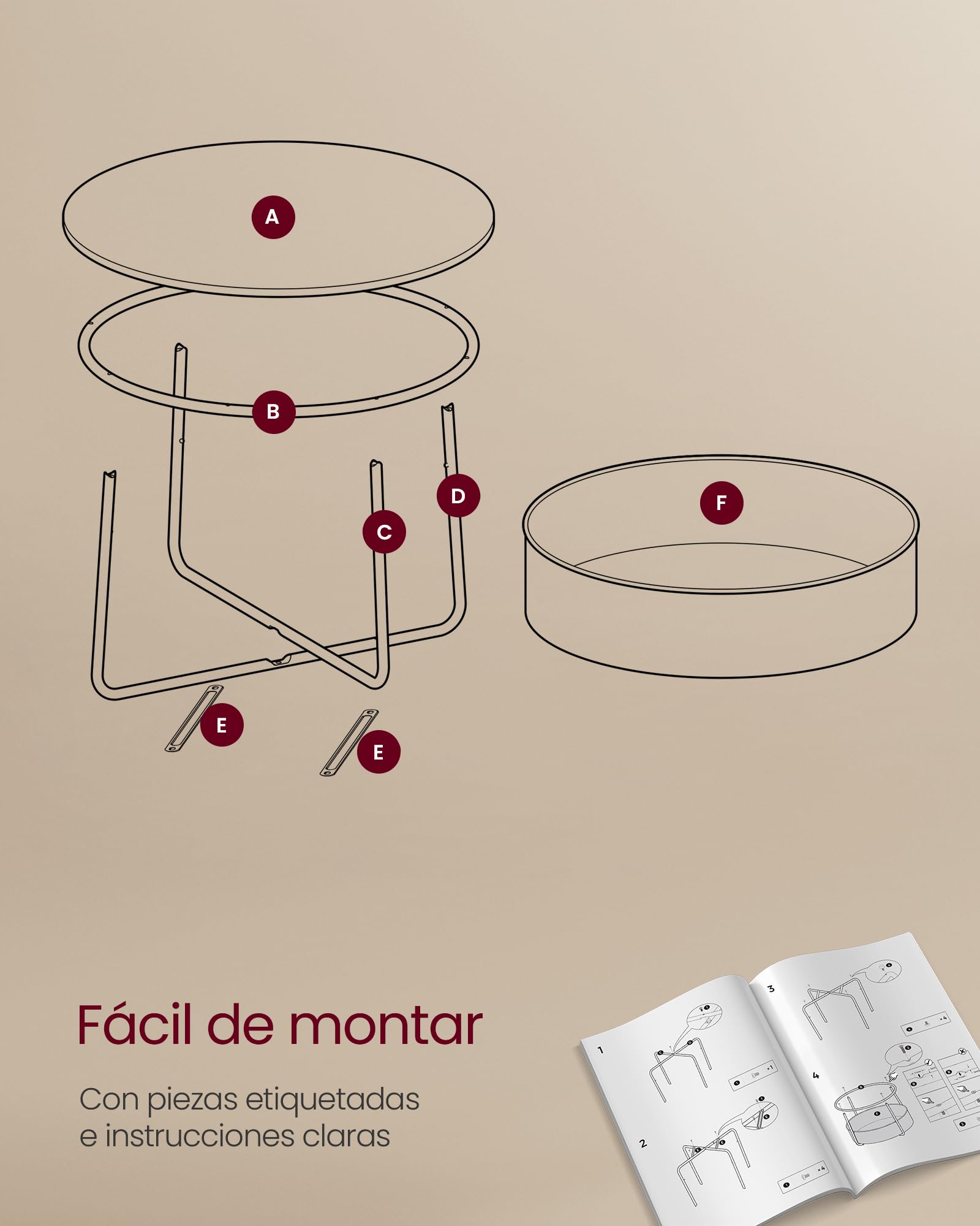 VASAGLE Mesa de Centro Redonda con Almacenamiento, Mesa de salón con Cesta de Tela, Estilo Moderno, Marco de Metal, Blanco Mate y marrón Camel LCT244W10