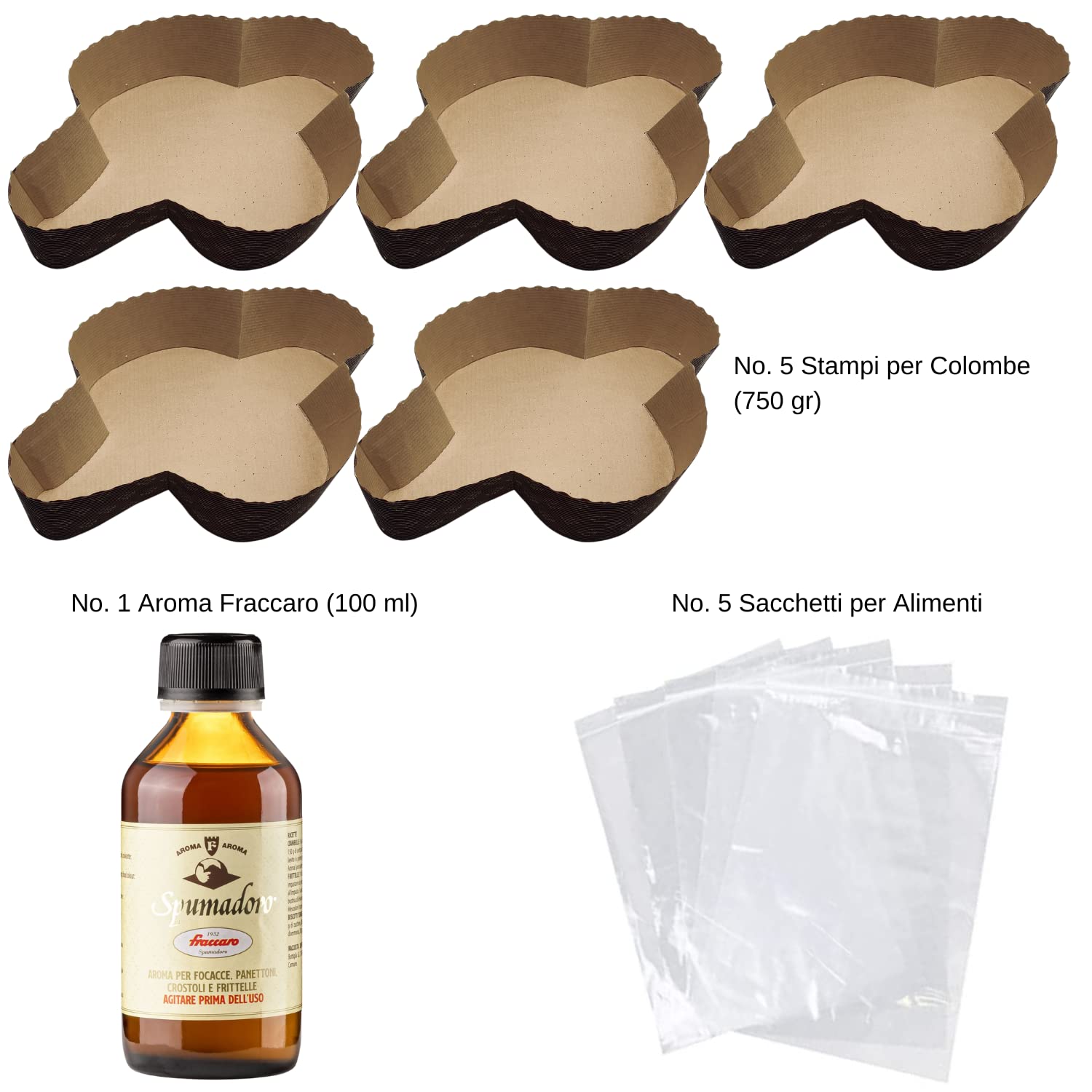 Kit Stampo per Colomba (5x750gr) + Aroma per Colombe Fraccaro (1x100 ml) + Sacchetto (5pz) - Realizza le tue Colombe Preferite direttamente in casa tua (Kit x Stampi + Aromi + Sacchetti)