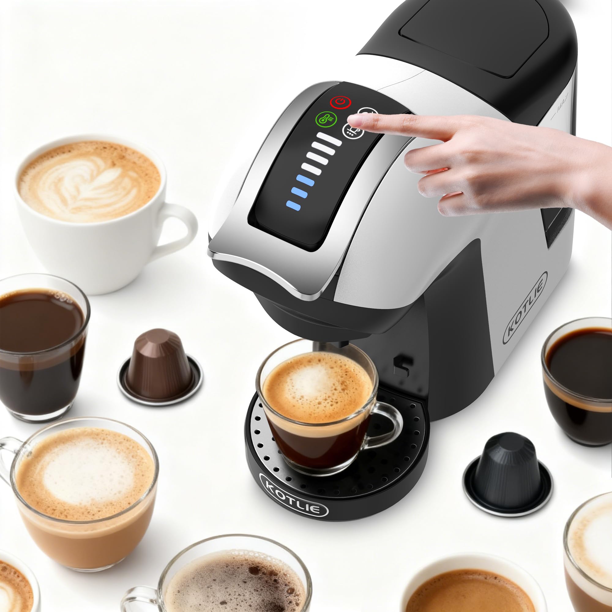KOTLIE EM-308B Machine à café à capsules NES/DG/MIO/ESE et café moulu, réservoir d'eau de 1 litre, 3 températures d'infusion, idéale pour la cuisine, l'appartement et le bureau