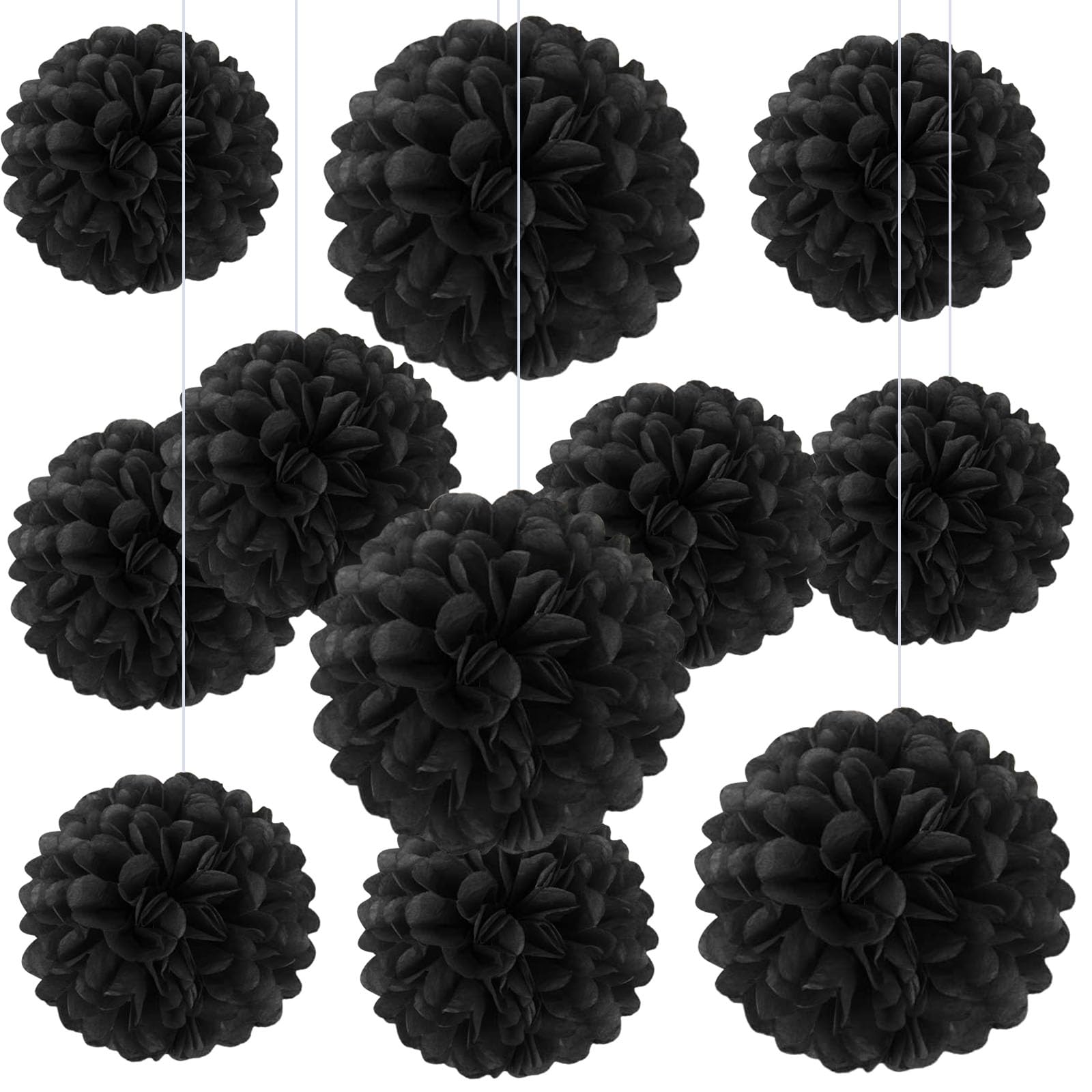 20 PCS Black Tissue Paper Pom Poms, Tissue Pom Poms Flowers, Sizes of 6", 10", 12", 14" Hanging Paper Flower Ball for Wedding, Birthday, Halloween, Christmas, Baby Shower Party Decor