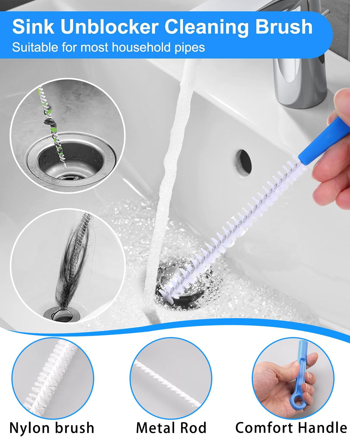 3 Piezas Cepillo de Limpieza para Desagüe, Herramienta de Drenaje para Eliminar Pelos y Desatascar, Cepillos para Tuberías, para Cocina, Fregadero y baño