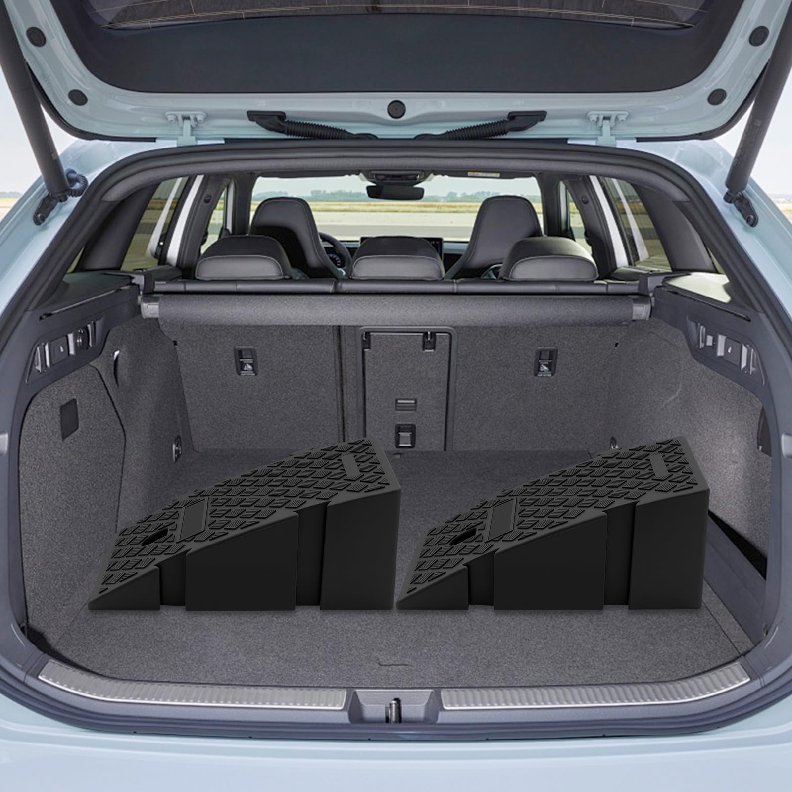 Lot de 2 rampes d'accès très résistantes - Rampe légère en plastique noir pour voitures, camping-cars et remorques - Avec trous de fixation et dimensions compactes (19 cm de hauteur)