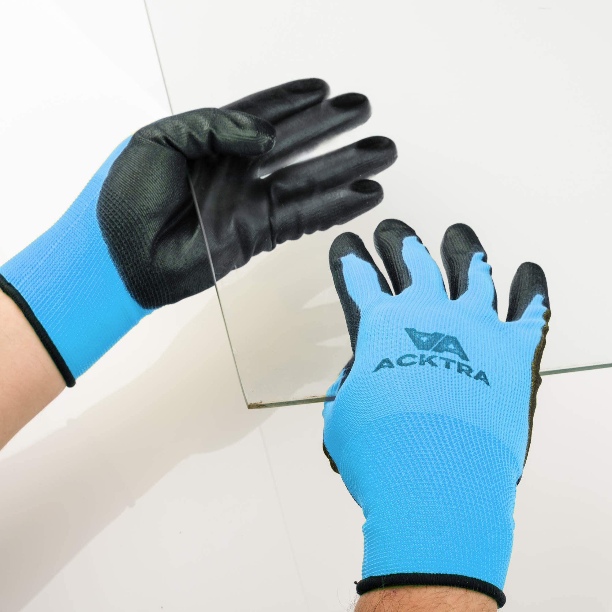 ACKTRA Guantes de trabajo de seguridad de nailon ultrafino (PU), 12 pares, puños de punto, para trabajo de precisión, para hombres y mujeres, WG002 azul poliéster, poliuretano blanco, grande