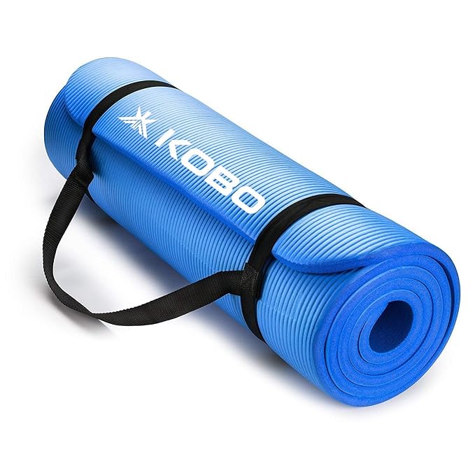 Kobo NBR Athletica Yoga Mat- Multi-use Thick Exercise Mat, Non-slip and Anti-tear. Great for Hot Yoga and the Gym, Home Workout, Pilates, Physio and Camping. Includes Carrying Strap. (10 mm, Blue)