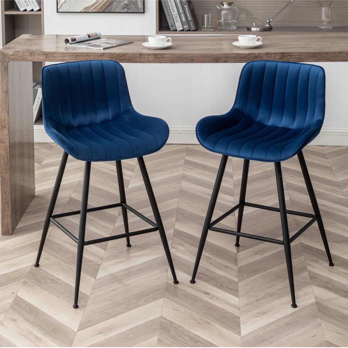 bar stools set of 2 - luxury bar stools counter height bar stools 24 inch seat height upholstered velvet barstools blue bar stools for kitchen island, home bar, bar pub (blue).