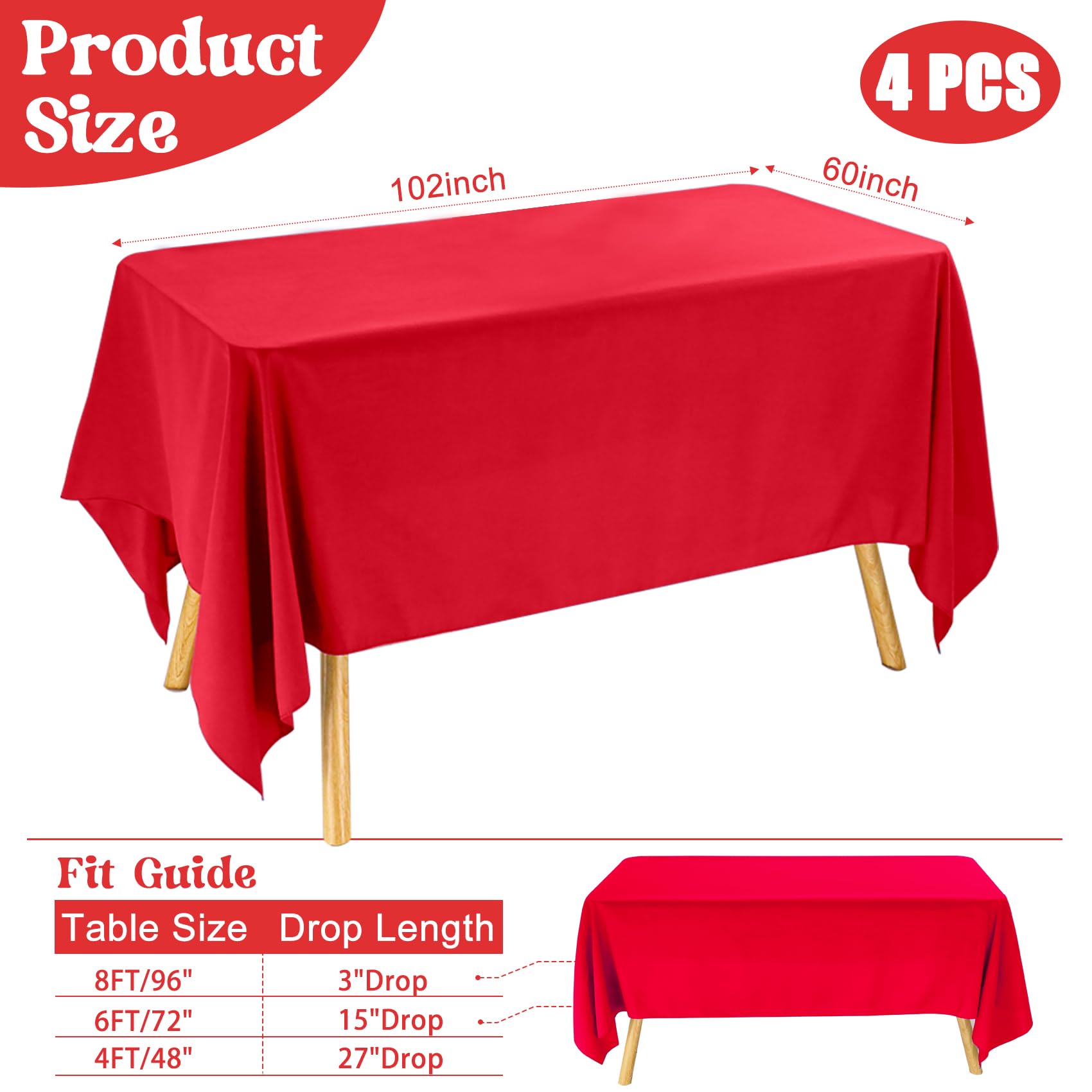 JALANCY 4 Pack Rectangle Tablecloth 60x102 Inch Red Table Cloth for 6 Foot Rectangle Tables Washable Polyester Table Cover for Wedding Dining Table Buffet Parties Banquet Decoration(Red)