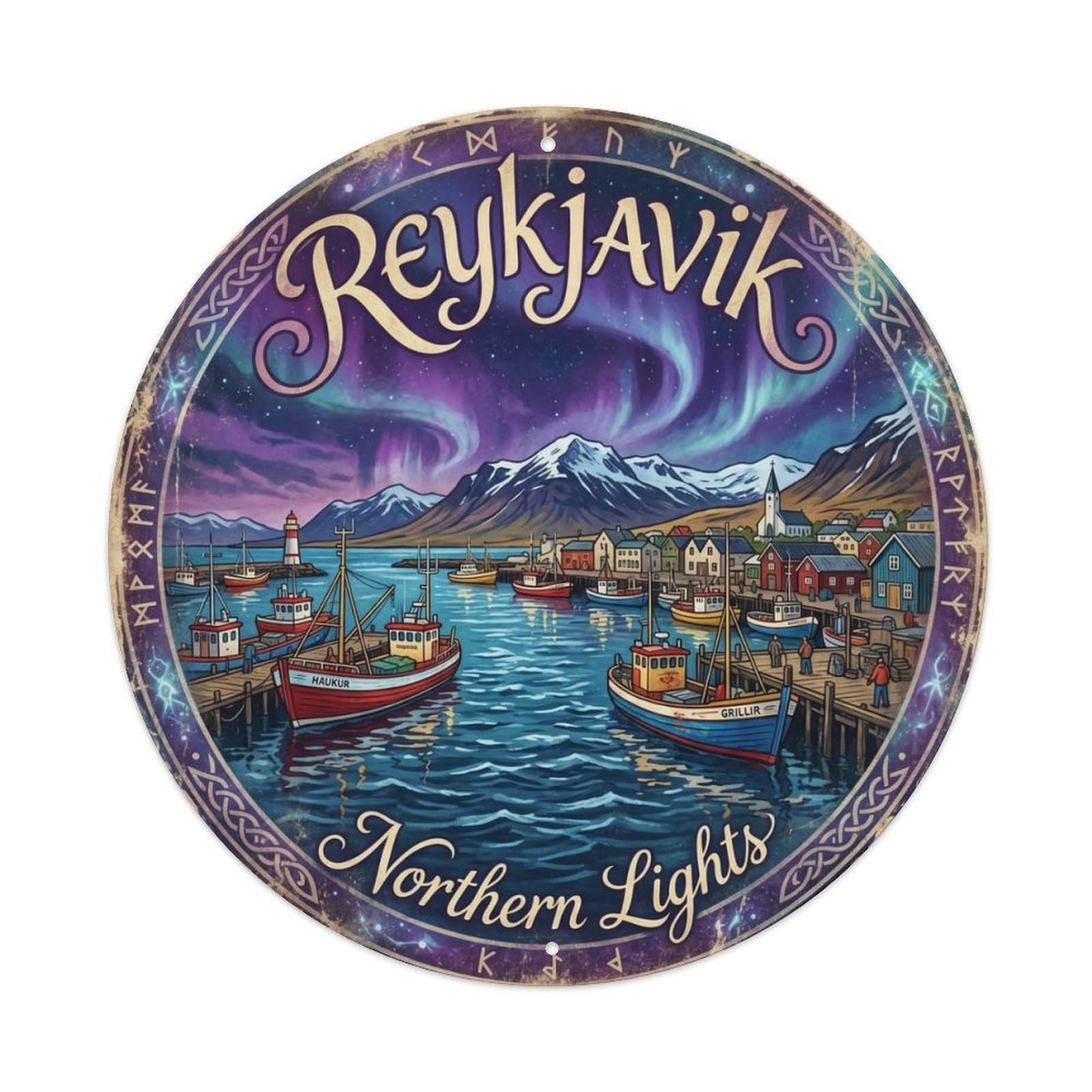 Vintage Travel Reykjavik Iceland Harbor Metal Tin Sign Plaque Wall Decor for Cafe, Club Bar, Office, Home Garden Round Metal Poster 8x8Inch