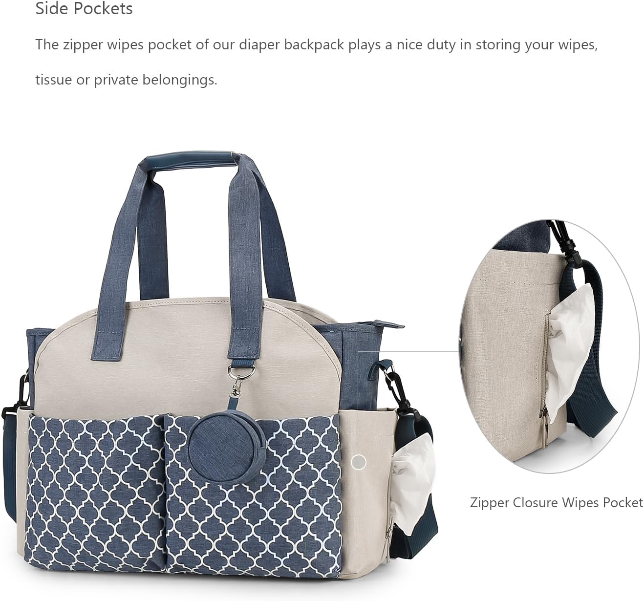 1 sac à langer fourre-tout avec station à langer, sac multifonction pour bébé avec bandoulière réglable (bleu foncé + beige)
