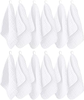 12 Pack Muslin Washcloths for Baby - 100% Cotton Baby Wash Cloths for or Baby Face Body Comfy and Soft for Newborn Infants Kids Girls and Boys - 12"x12" - White[Amazon-developed Certification] Compact by Design
