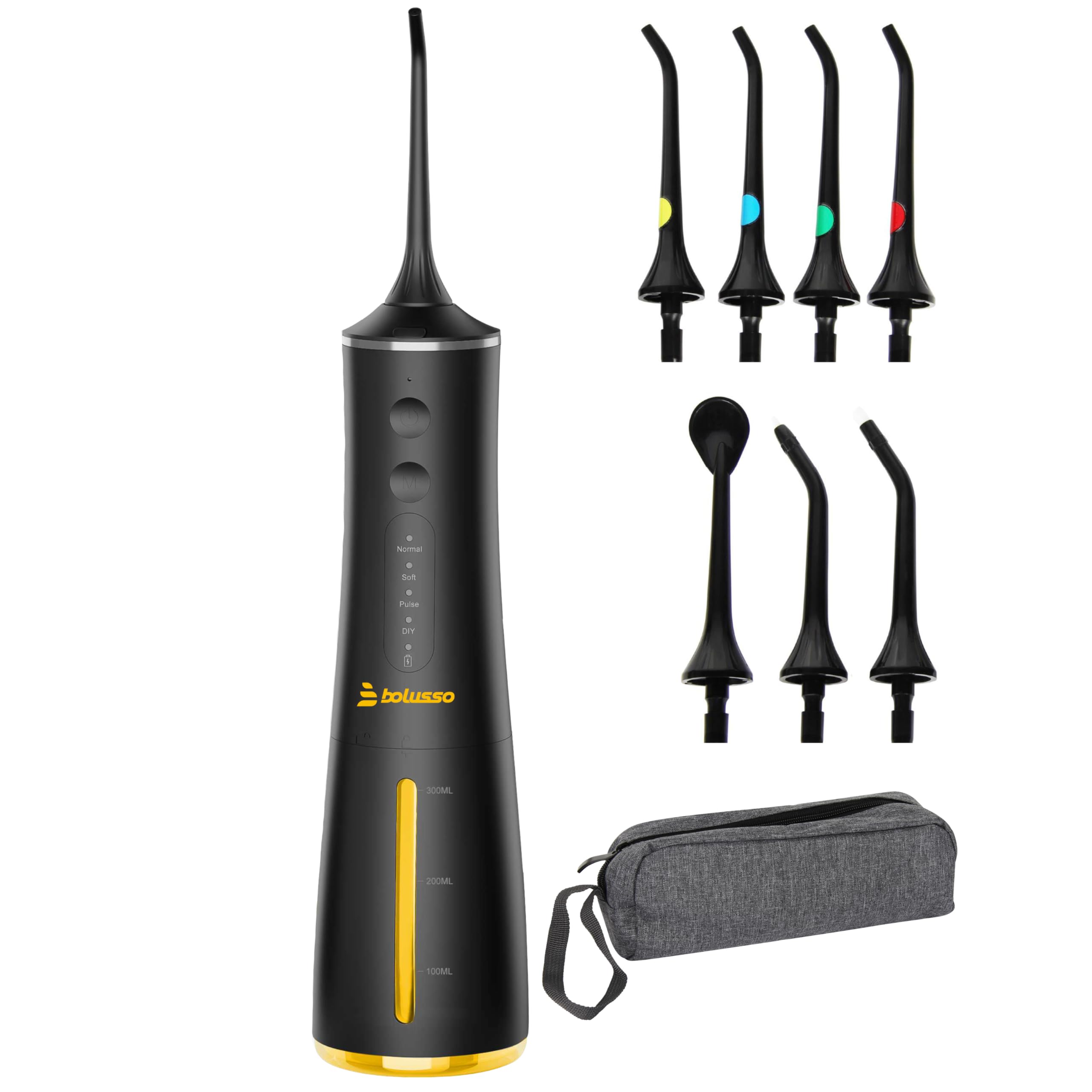Idropulsore Dentale Portatile Bolusso - Water Flosser professionale - Include 7 accessori – Con Borsa da viaggio – E-book – Completamente regolabile