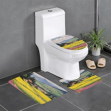 3 Piece Bathroom Rugs Sets, Non-Slip Toilet Mats for Bath U Shaped Set with Rape Flower Field Print 23.8x15.7 in